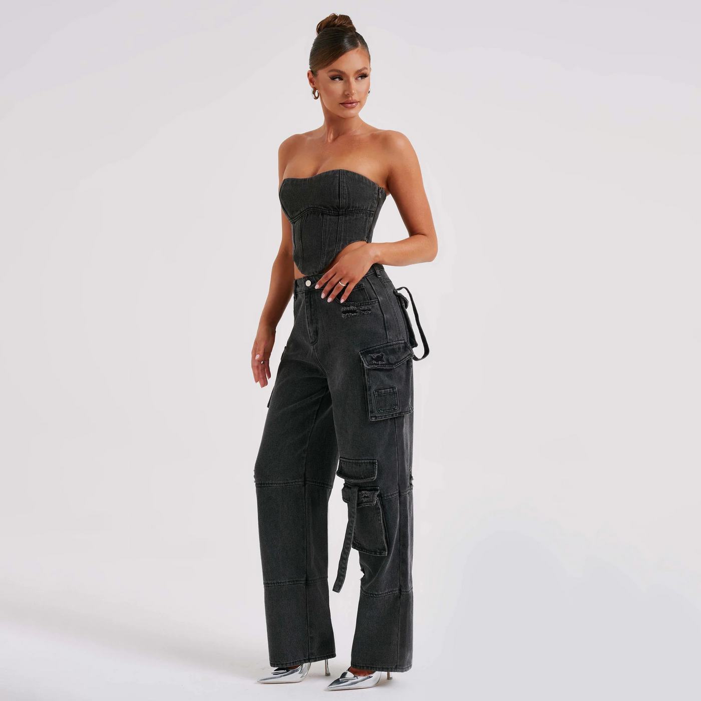 Denim Coord - Women's Tube Crop Top and Loose Fit Cargo Pants Two-Piece Set-Grace Aura