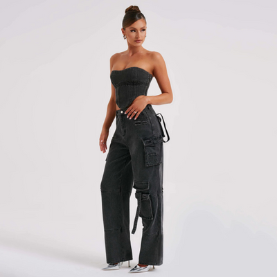 Denim Coord - Women's Tube Crop Top and Loose Fit Cargo Pants Two-Piece Set-Grace Aura