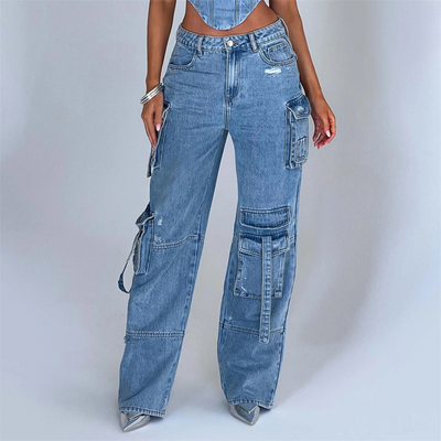 Denim Coord - Women's Tube Crop Top and Loose Fit Cargo Pants Two-Piece Set-Grace Aura