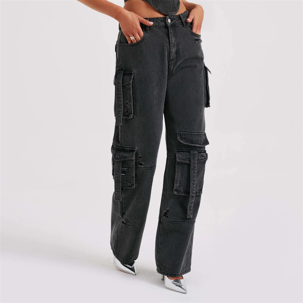 Denim Coord - Women's Tube Crop Top and Loose Fit Cargo Pants Two-Piece Set-Grace Aura