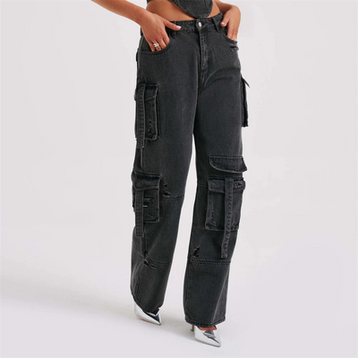 Denim Coord - Women's Tube Crop Top and Loose Fit Cargo Pants Two-Piece Set-Grace Aura