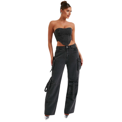 Denim Coord - Women's Tube Crop Top and Loose Fit Cargo Pants Two-Piece Set-Grace Aura