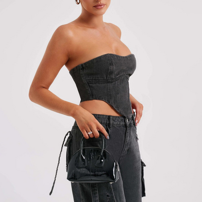 Denim Coord - Women's Tube Crop Top and Loose Fit Cargo Pants Two-Piece Set-Grace Aura