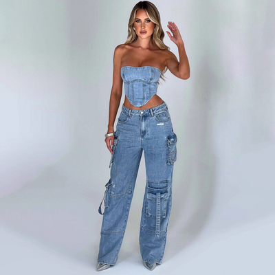 Denim Coord - Women's Tube Crop Top and Loose Fit Cargo Pants Two-Piece Set-Grace Aura