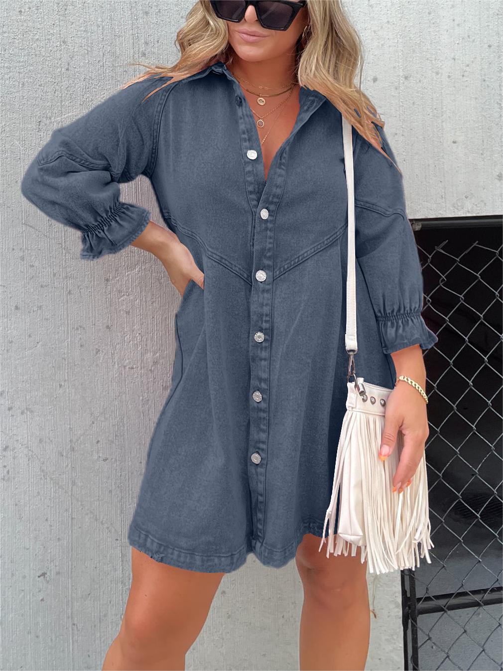 Denim Dress - Long Sleeve - Loose Fit - Mini Denim Dress - Shirt Dress-Grace Aura