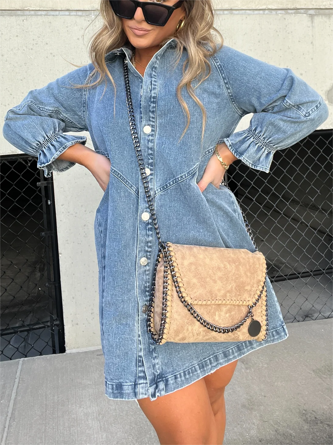 Denim Dress - Long Sleeve - Loose Fit - Mini Denim Dress - Shirt Dress-Grace Aura