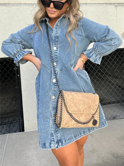 Denim Dress - Long Sleeve - Loose Fit - Mini Denim Dress - Shirt Dress-Grace Aura