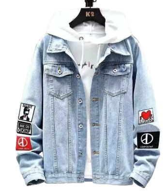 Denim Jacket - Casual - Light Blue - Jean Jacket with Patches - Men's Jacket-Grace Aura