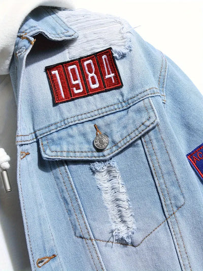 Denim Jacket - Casual - Light Blue - Jean Jacket with Patches - Men's Jacket-Grace Aura