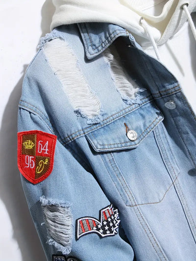 Denim Jacket - Casual - Light Blue - Jean Jacket with Patches - Men's Jacket-Grace Aura