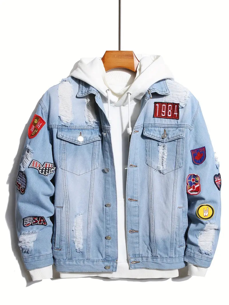 Denim Jacket - Casual - Light Blue - Jean Jacket with Patches - Men's Jacket-Grace Aura