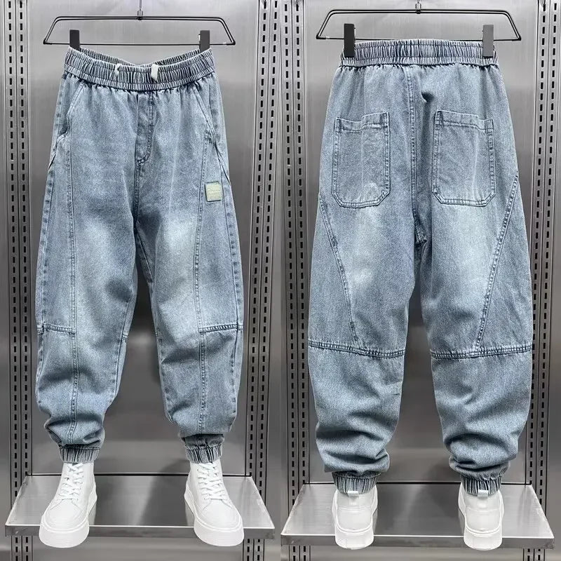 Denim Joggers - Baggy - Elastic Waist - Jogger Jeans - Men's Trousers-Grace Aura