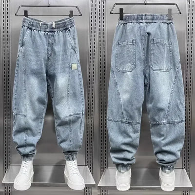 Denim Joggers - Baggy - Elastic Waist - Jogger Jeans - Men's Trousers-Grace Aura
