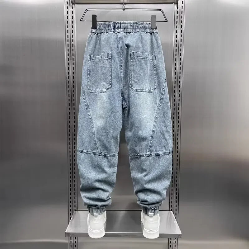 Denim Joggers - Baggy - Elastic Waist - Jogger Jeans - Men's Trousers-Grace Aura