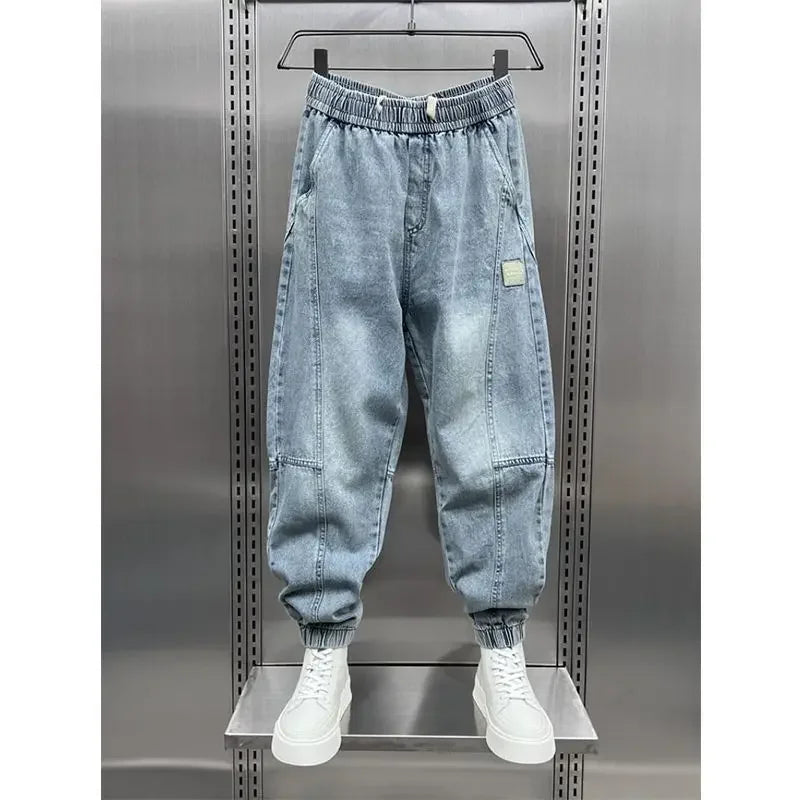 Denim Joggers - Baggy - Elastic Waist - Jogger Jeans - Men's Trousers-Grace Aura