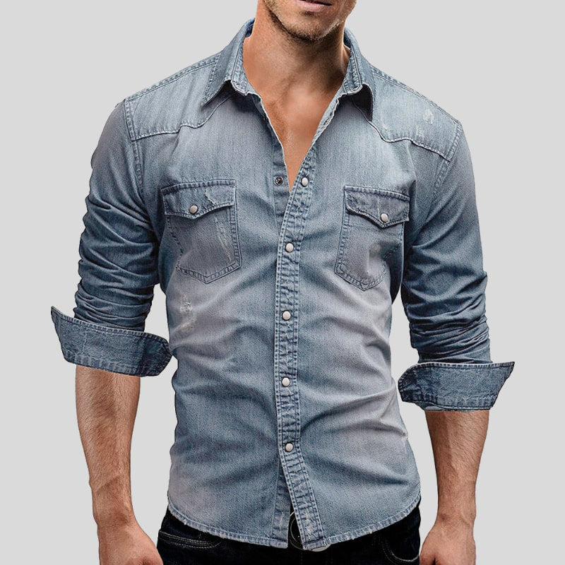 Denim Shirt - Slim Fit - Long Sleeve - Jean Shirt - Men's Button-Up Shirt-Grace Aura