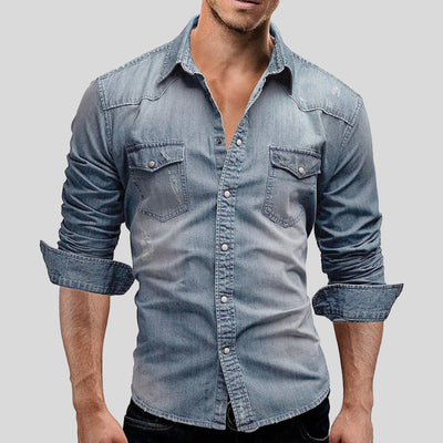 Denim Shirt - Slim Fit - Long Sleeve - Jean Shirt - Men's Button-Up Shirt-Grace Aura