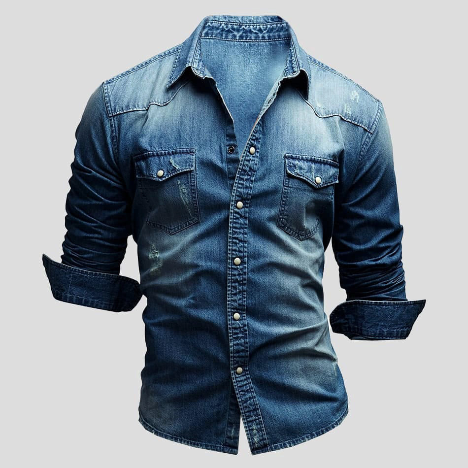 Denim Shirt - Slim Fit - Long Sleeve - Jean Shirt - Men's Button-Up Shirt-Grace Aura