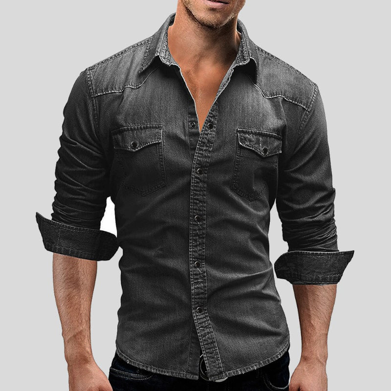 Denim Shirt - Slim Fit - Long Sleeve - Jean Shirt - Men's Button-Up Shirt-Grace Aura