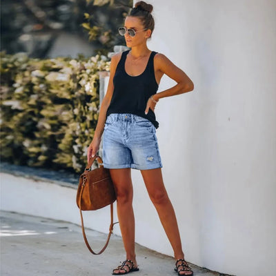 Denim Shorts | Ripped | Light Blue | Jeans Shorts | Women's Shorts-Grace Aura