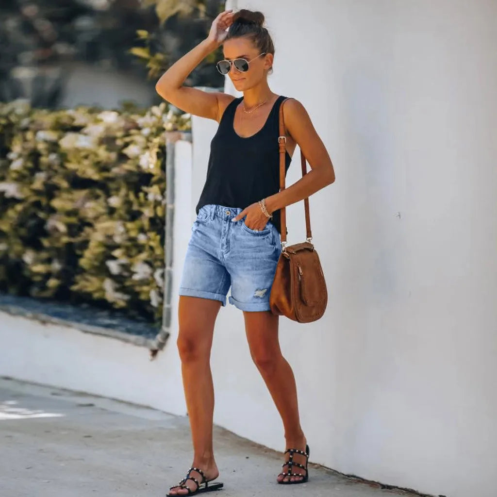 Denim Shorts | Ripped | Light Blue | Jeans Shorts | Women's Shorts-Grace Aura
