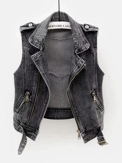 Denim Vest - Dark Gray - Sleeveless - Denim Gilet - Women's Denim Vest-Grace Aura