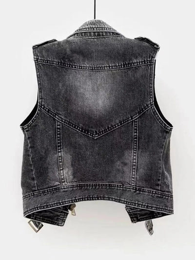 Denim Vest - Dark Gray - Sleeveless - Denim Gilet - Women's Denim Vest-Grace Aura