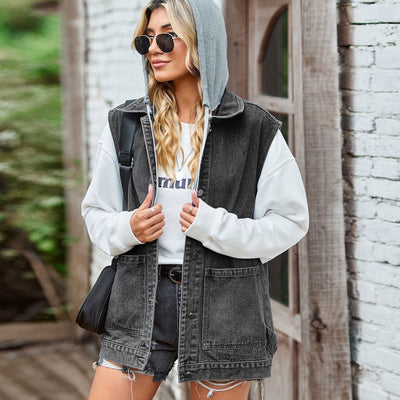 Denim Vest - Women's Sleeveless Oversized Denim Gilet-Grace Aura