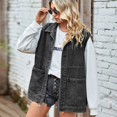 Denim Vest - Women's Sleeveless Oversized Denim Gilet-Grace Aura