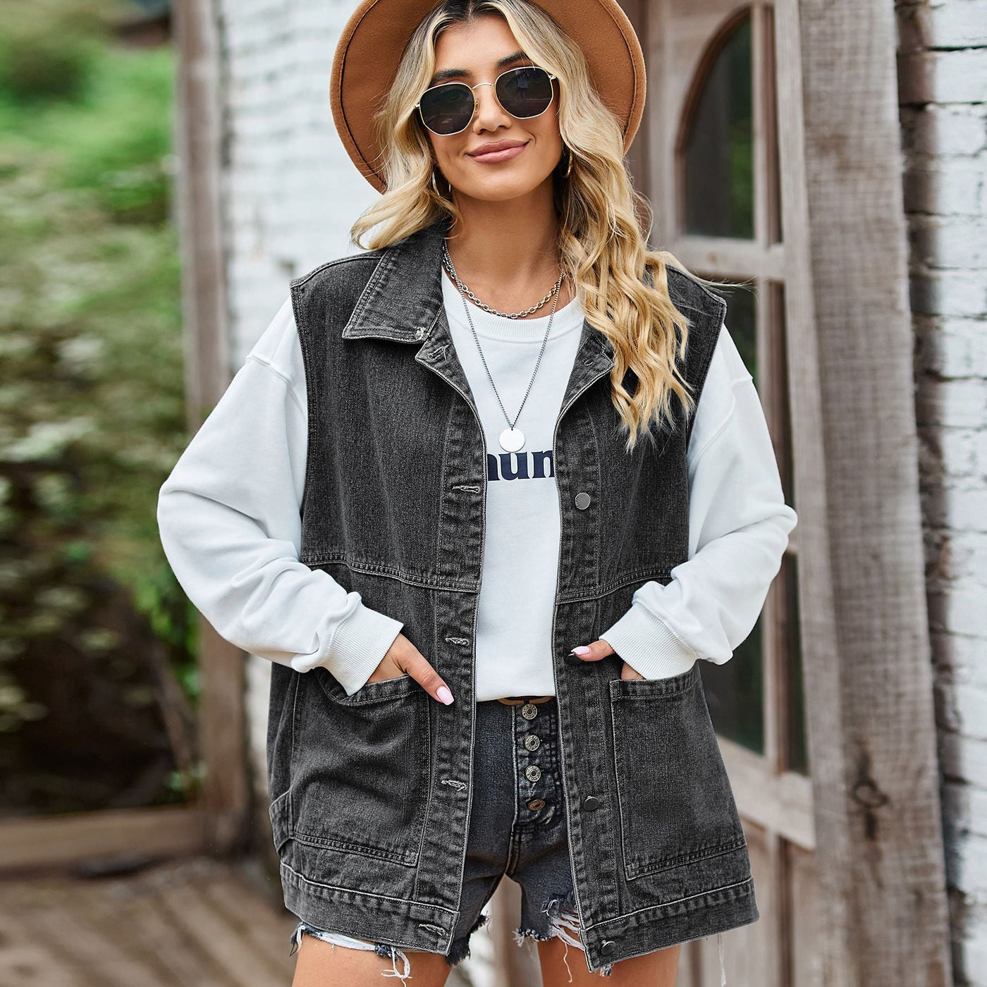 Denim Vest - Women's Sleeveless Oversized Denim Gilet-Grace Aura