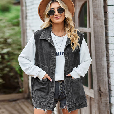 Denim Vest - Women's Sleeveless Oversized Denim Gilet-Grace Aura