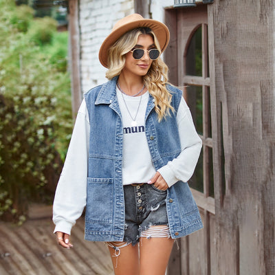 Denim Vest - Women's Sleeveless Oversized Denim Gilet-Grace Aura