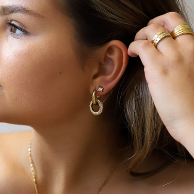 Double Hoop Earrings - Women's Golden Zirconia Small Hoop Earrings-Grace Aura