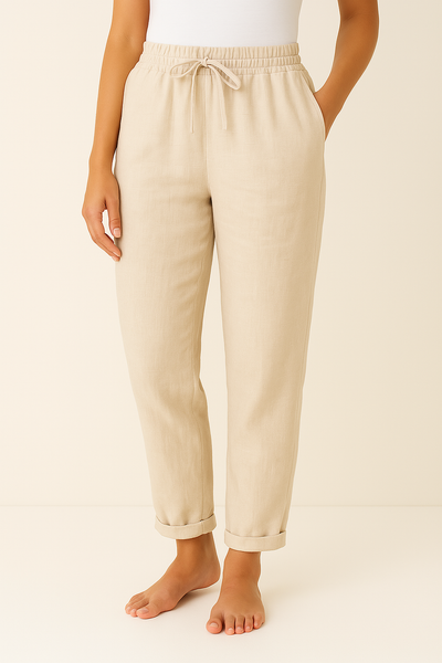 Drawstring Pants | Elastic Waist | Straight Leg | Linen Trousers | Women's Pants-Grace Aura