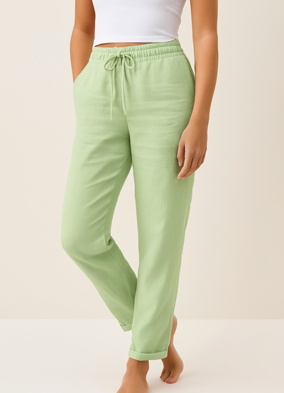 Drawstring Pants | Elastic Waist | Straight Leg | Linen Trousers | Women's Pants-Grace Aura