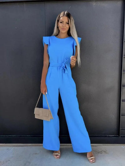 Elegant Jumpsuit | Belt | Ruffle Sleeve | Wide Leg Jumpsuit | Women's Clothing-Grace Aura