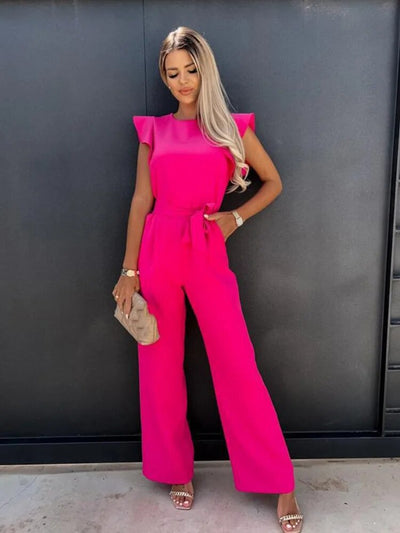 Elegant Jumpsuit | Belt | Ruffle Sleeve | Wide Leg Jumpsuit | Women's Clothing-Grace Aura
