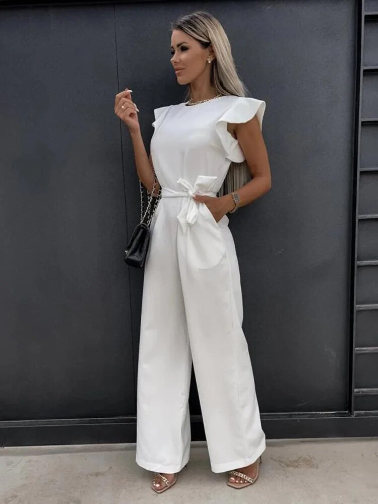 Elegant Jumpsuit | Belt | Ruffle Sleeve | Wide Leg Jumpsuit | Women's Clothing-Grace Aura