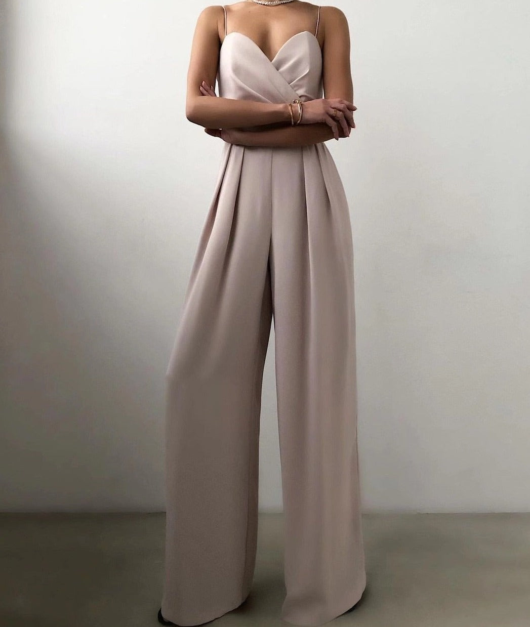 Elegant Jumpsuit - Women's Sleeveless Pleated Wide Leg Party Jumpsuit-Grace Aura