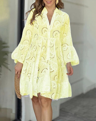 Eyelet Dress | Loose Fit | Long Sleeve | Short Dress | Summer Dress-Grace Aura