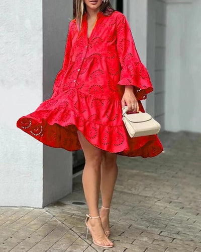 Eyelet Dress | Loose Fit | Long Sleeve | Short Dress | Summer Dress-Grace Aura