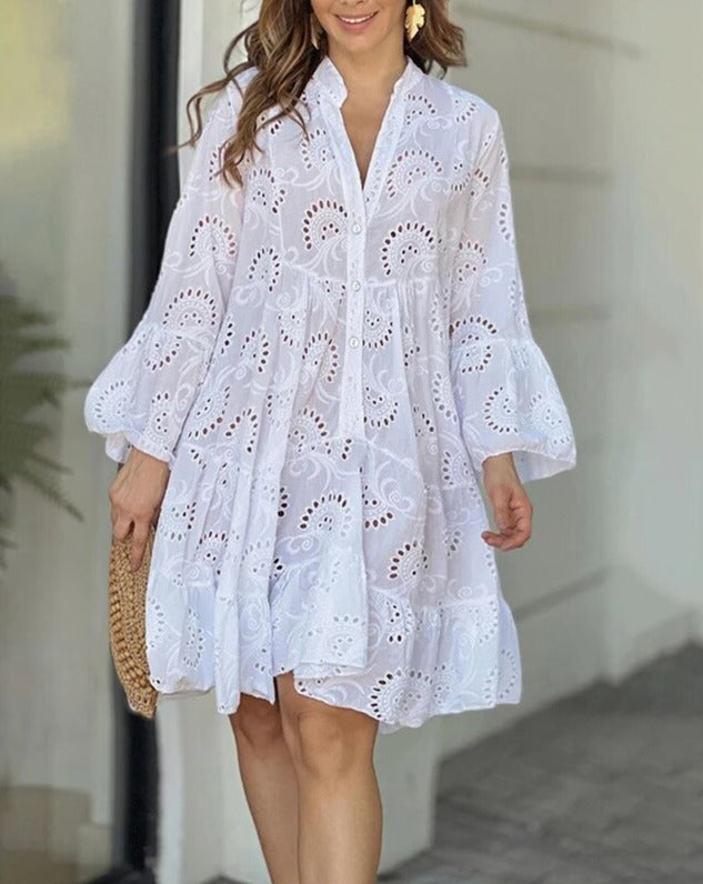 Eyelet Dress | Loose Fit | Long Sleeve | Short Dress | Summer Dress-Grace Aura