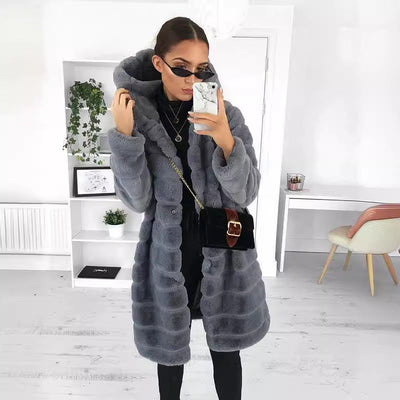 Faux Fur Coat | Hooded | Mid Length | Faux Fluffy Coat | Women's Winter Jacket -Grace Aura