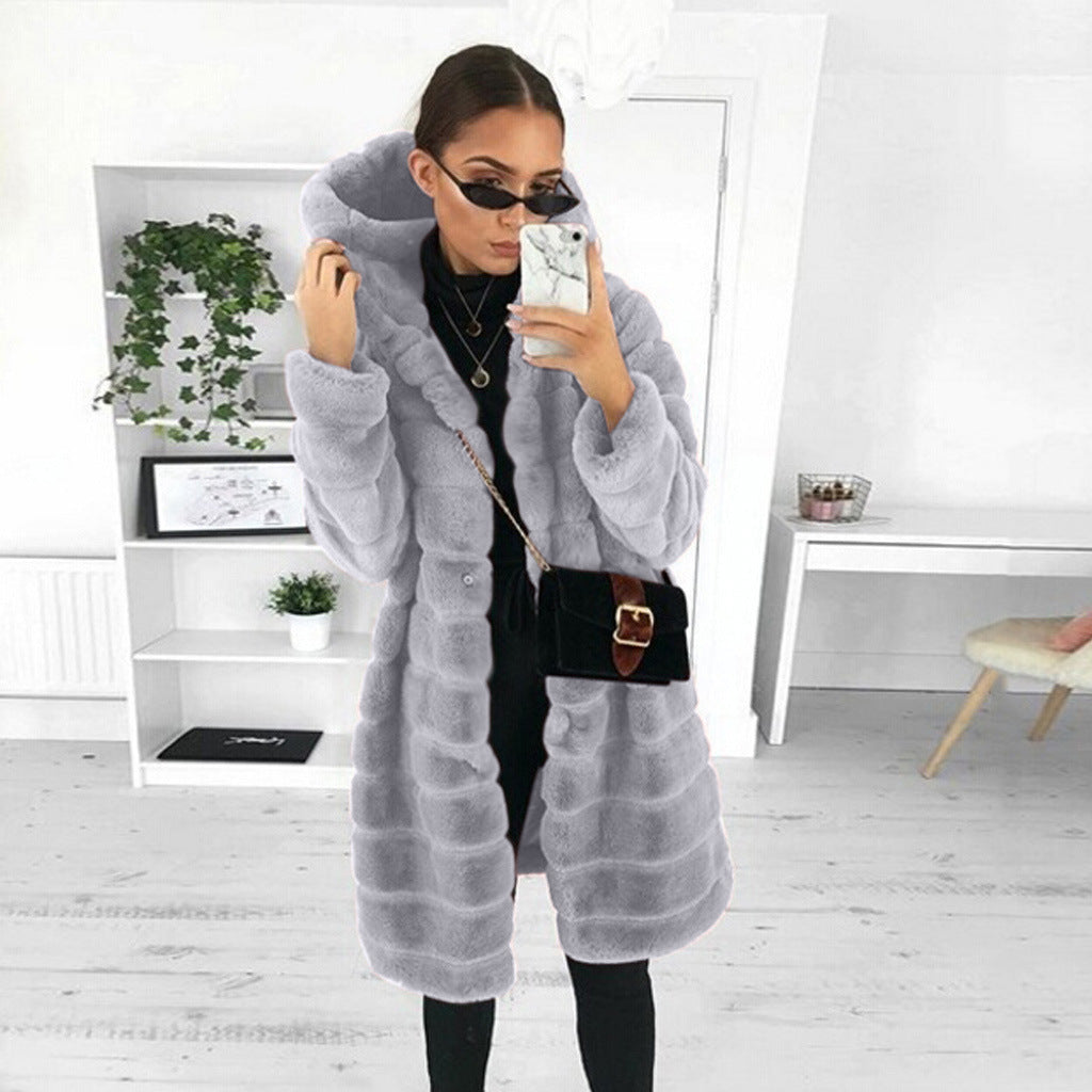 Faux Fur Coat | Hooded | Mid Length | Faux Fluffy Coat | Women's Winter Jacket -Grace Aura