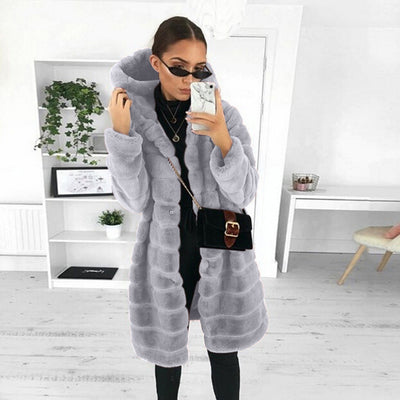 Faux Fur Coat | Hooded | Mid Length | Faux Fluffy Coat | Women's Winter Jacket -Grace Aura