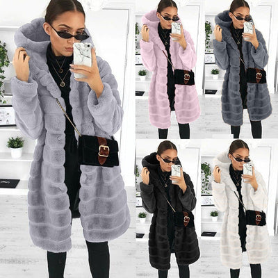 Faux Fur Coat | Hooded | Mid Length | Faux Fluffy Coat | Women's Winter Jacket -Grace Aura