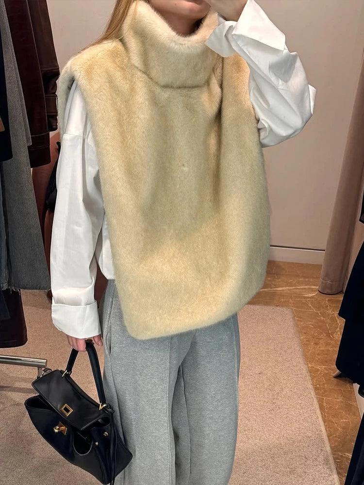 Faux Fur Gilet - Women's Sleeveless Turtleneck Faux Fur Vest-Grace Aura