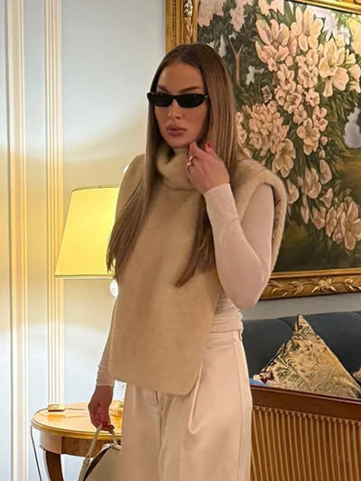 Faux Fur Gilet - Women's Sleeveless Turtleneck Faux Fur Vest-Grace Aura