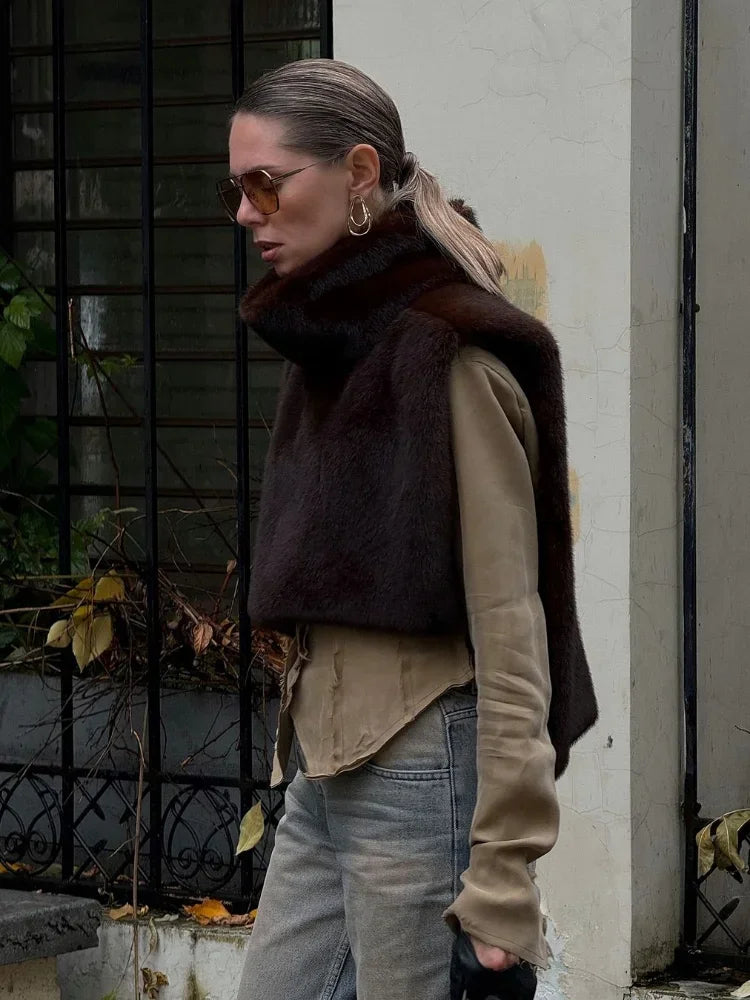 Faux Fur Gilet - Women's Sleeveless Turtleneck Faux Fur Vest-Grace Aura