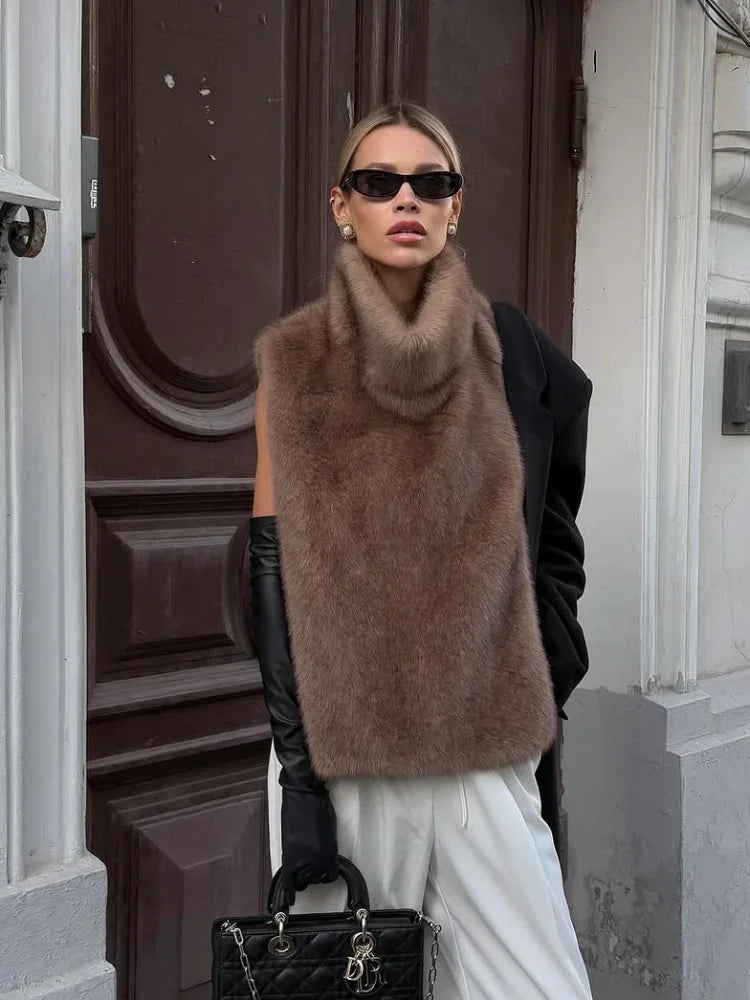 Faux Fur Gilet - Women's Sleeveless Turtleneck Faux Fur Vest-Grace Aura